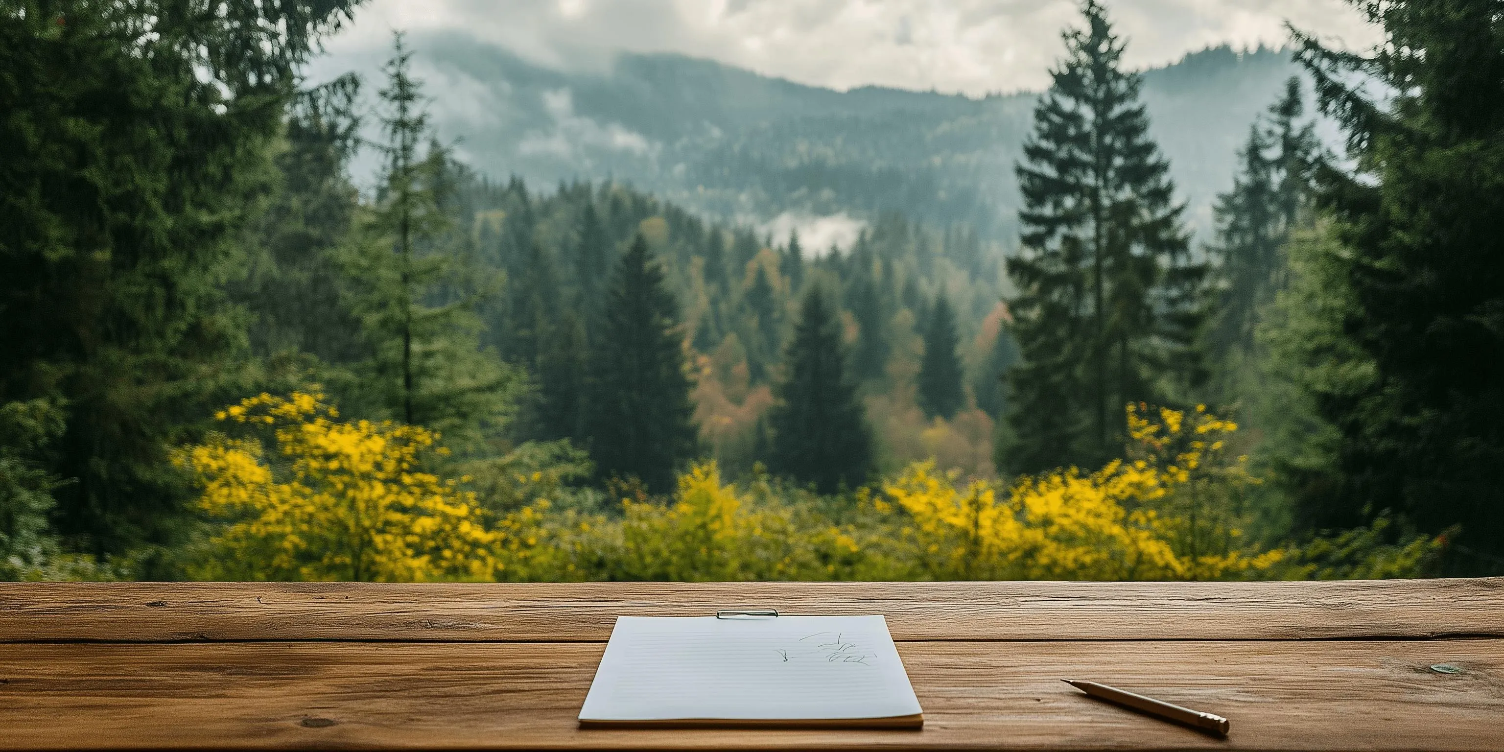 A pad of paper sitting on a wooden table in the thick of a lush evergreen forest