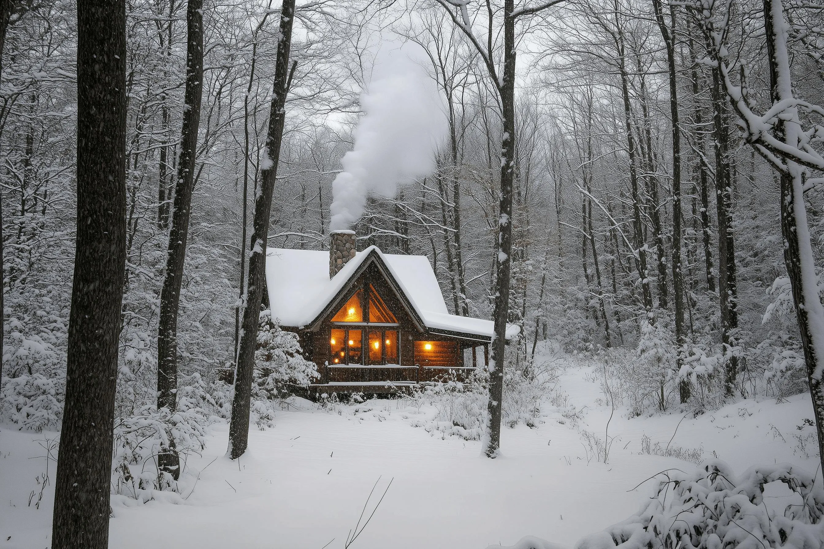 snow covered cabin in the woods with lights on inside, looking very cozy