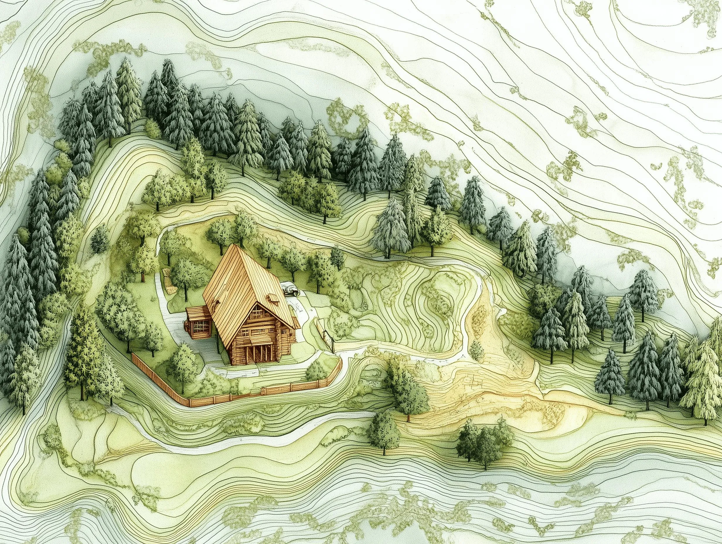 Illustrated topographic design of a homestead nestled within a forested landscape, featuring contour lines, a log cabin, surrounding trees, and detailed terrain showcasing land management and permaculture planning.