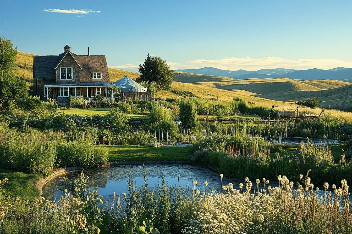 A picturesque homestead nestled in a diverse landscape with a well-positioned house, thriving gardens, and strategically placed swales and ponds under a clear blue sky.