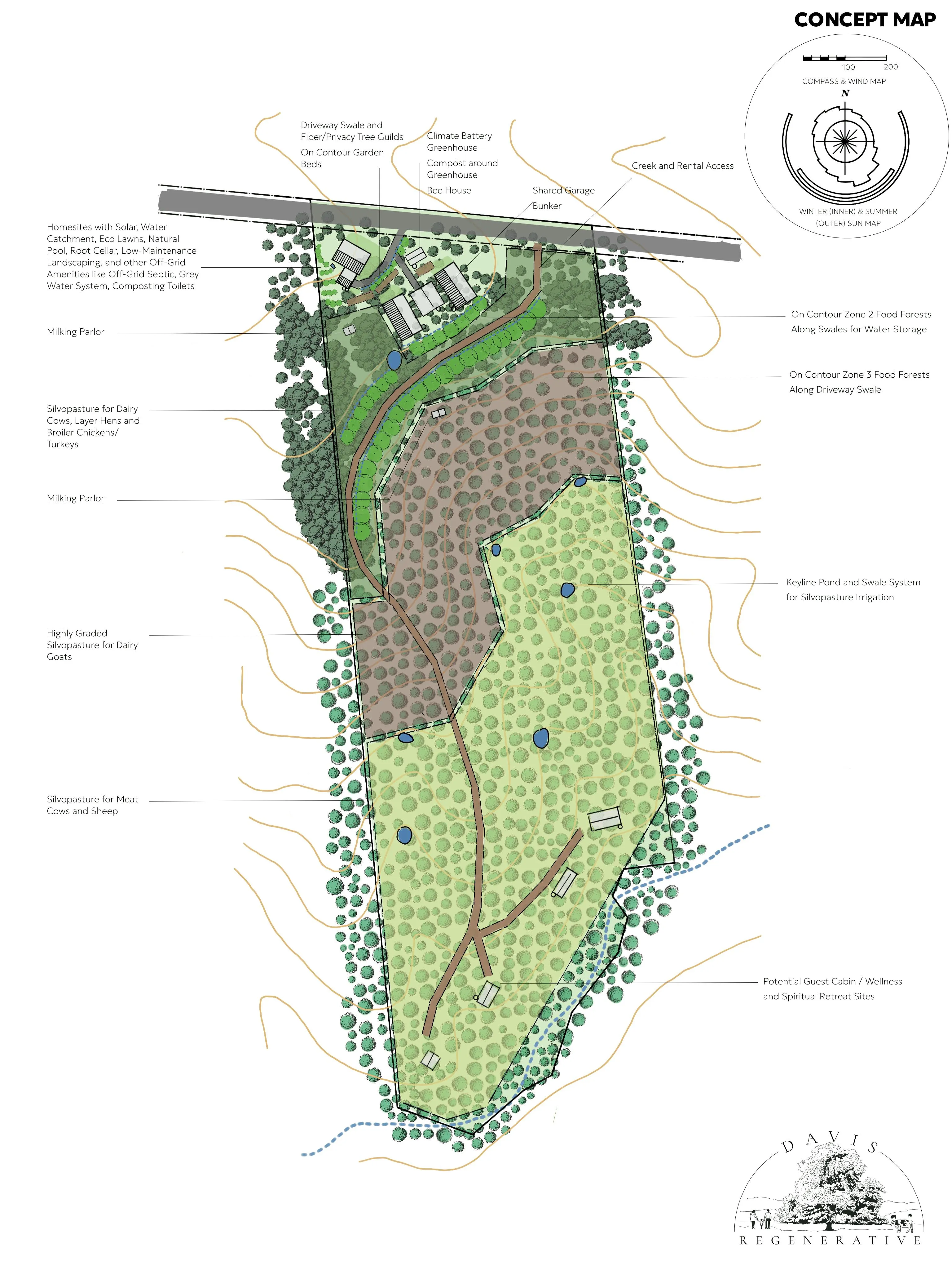 Permaculture homestead design in heavily wooded East Tennessee, featuring silvopasture for dairy and meat animals, food forests, climate battery greenhouse, keyline ponds, swales, and eco-friendly infrastructure for off-grid living.